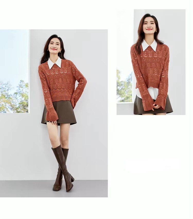 Hollow Out Crewneck Sweater red     Women’s Fall  Autumn round O-neck elegant long sleeves temperament holed acrylic knit regular yarn tops for woman slight stretch Jumpers Womens holes crew neck fashion sweaters  in  brownish-red #W33E52449