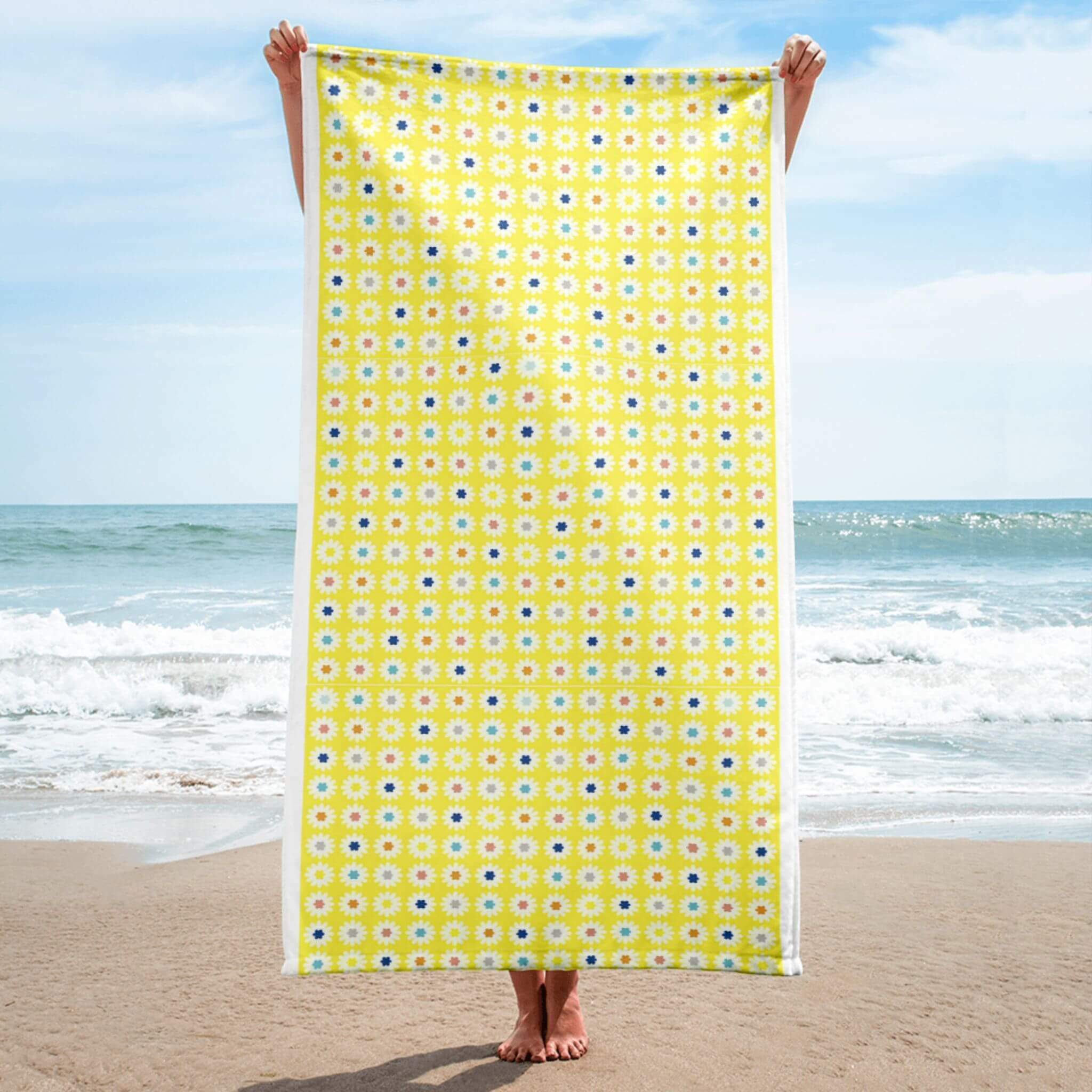 miteigi Daisy Beach Towel yellow miteigi logo Flowers design cotton blend terry fabric floral bath towels 30″×60″ Getaway holiday vacation bathroom linens home decor gifting