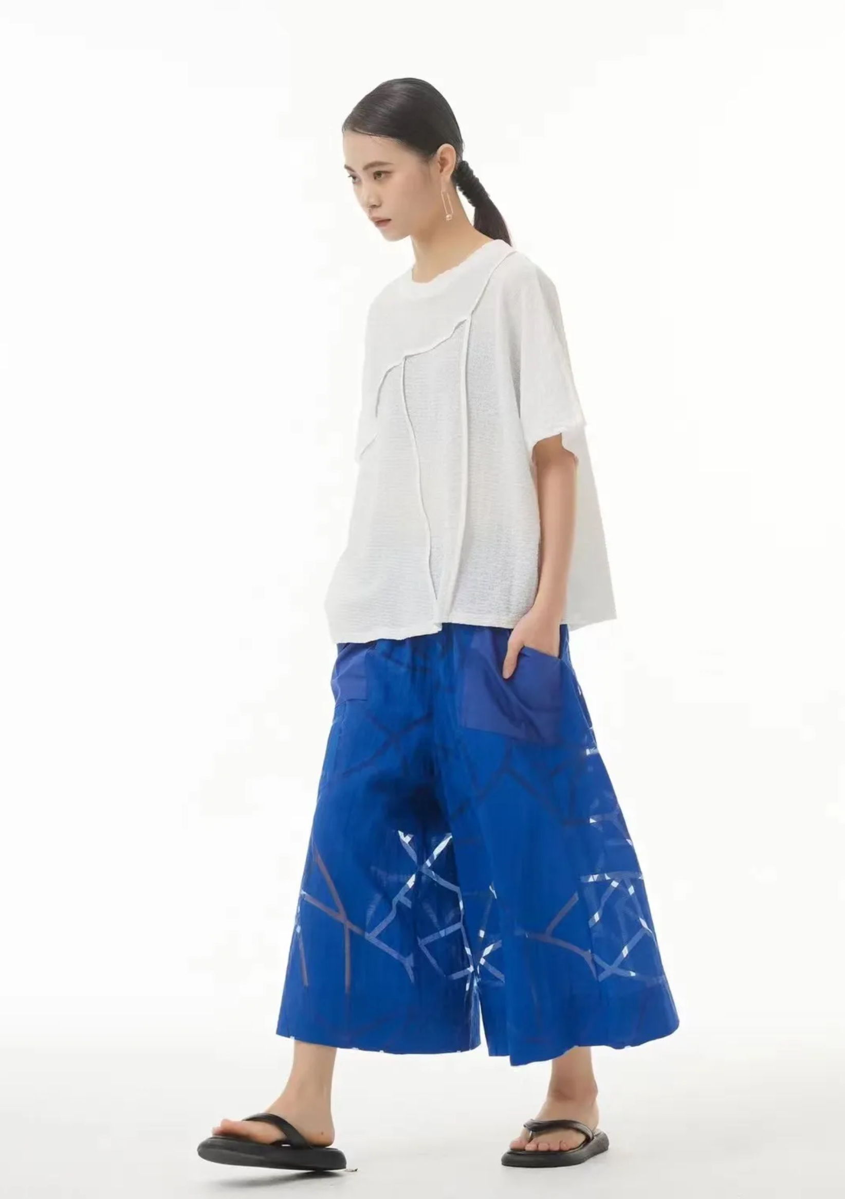 Wide Leg Pants blue  Women's Japanese original loose casual mid rise elastic waist medium wide-leg womens skirts See-through geometric pattern mid-calf pants for woman with white print clothing Spring summer Europe and the United States American fashion season fashion