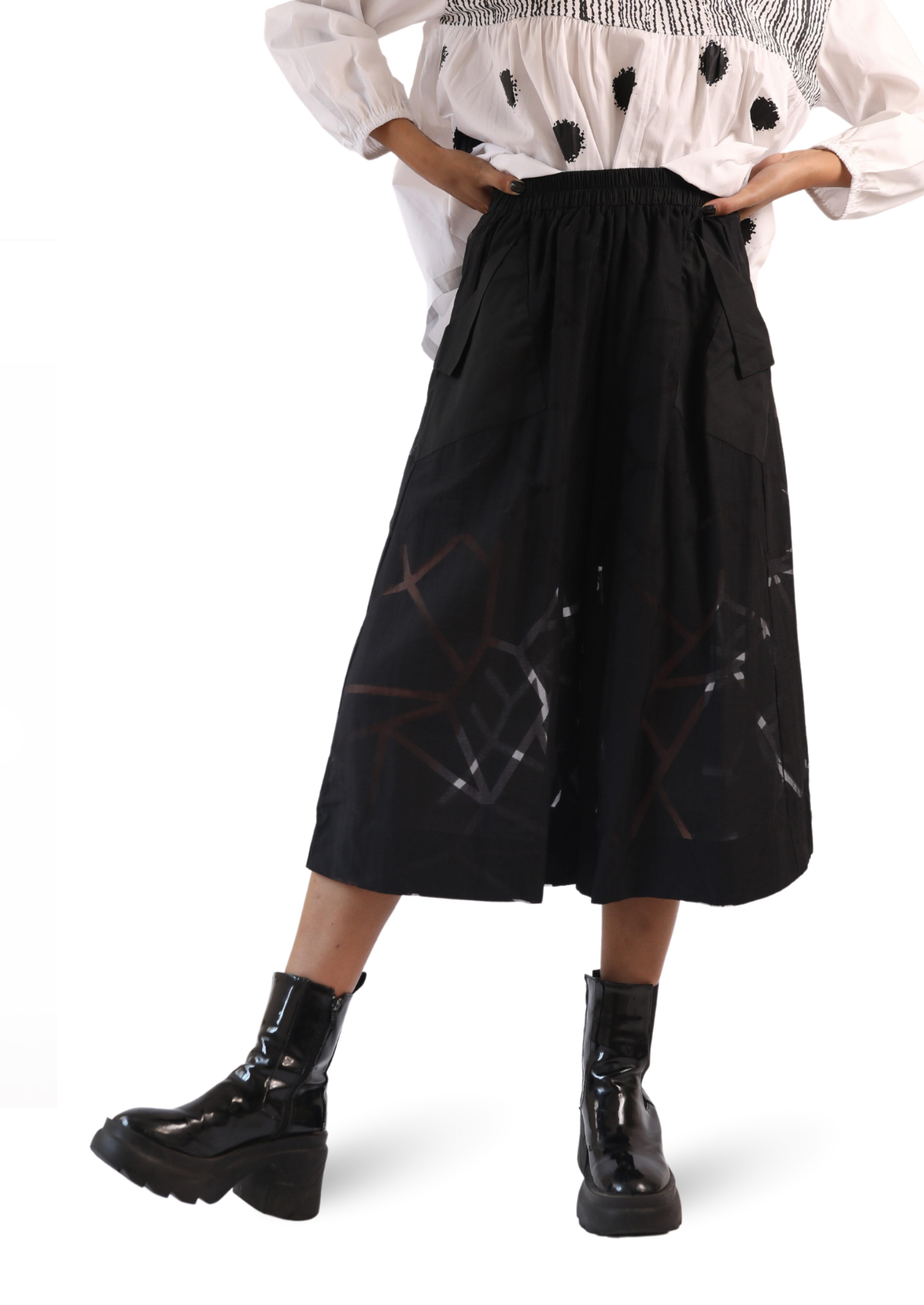 Wide Leg Pants black  Women's Japanese original loose casual mid rise elastic waist medium wide-leg womens skirts See-through geometric pattern mid-calf pants for woman with white print clothing Spring summer Europe and the United States American fashion season fashion