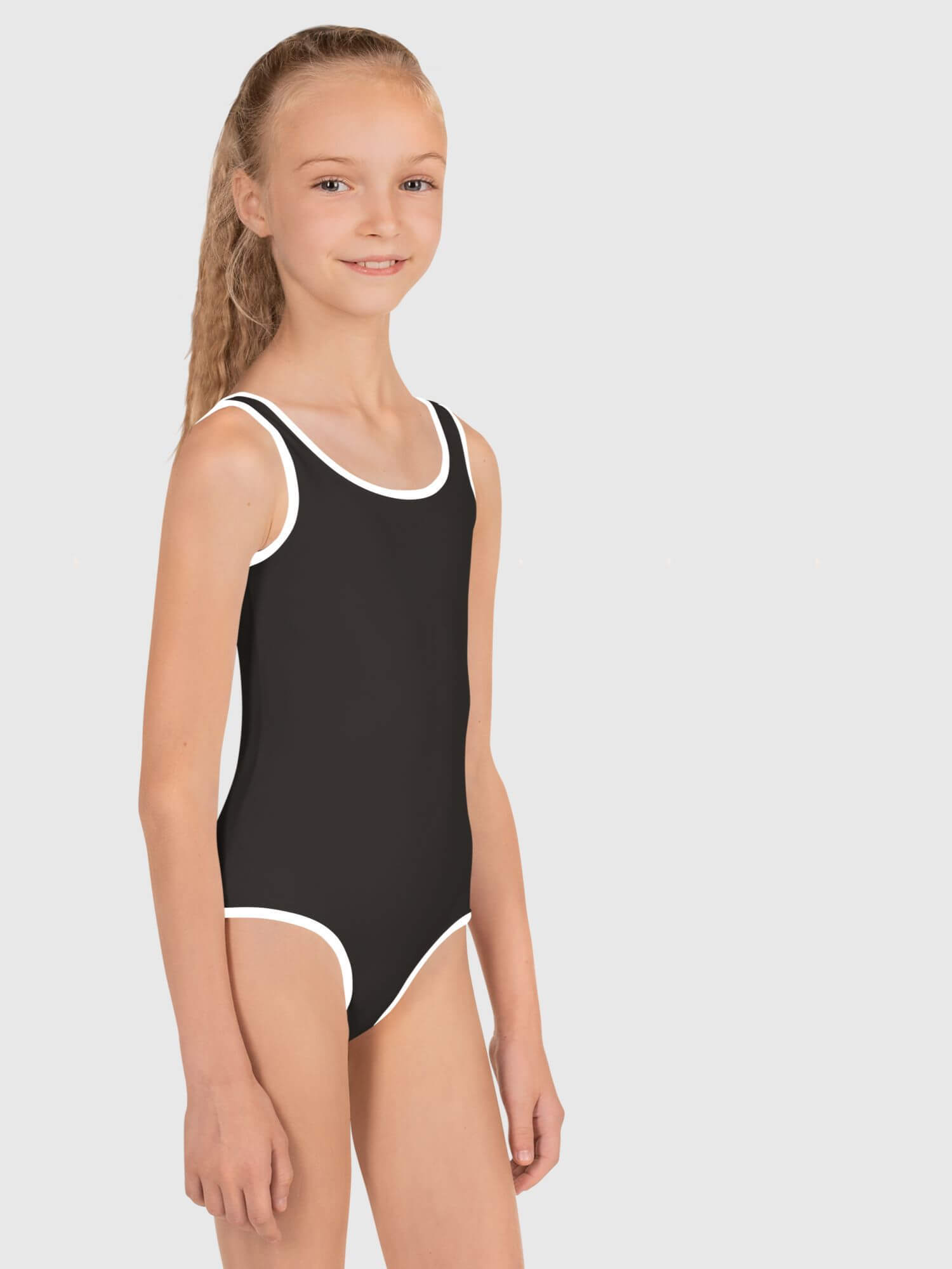 Kids Swimsuit black    Girls solid color tank straps scoopneck swimsuits for girl in ivory black with white trim design children’s swimwear