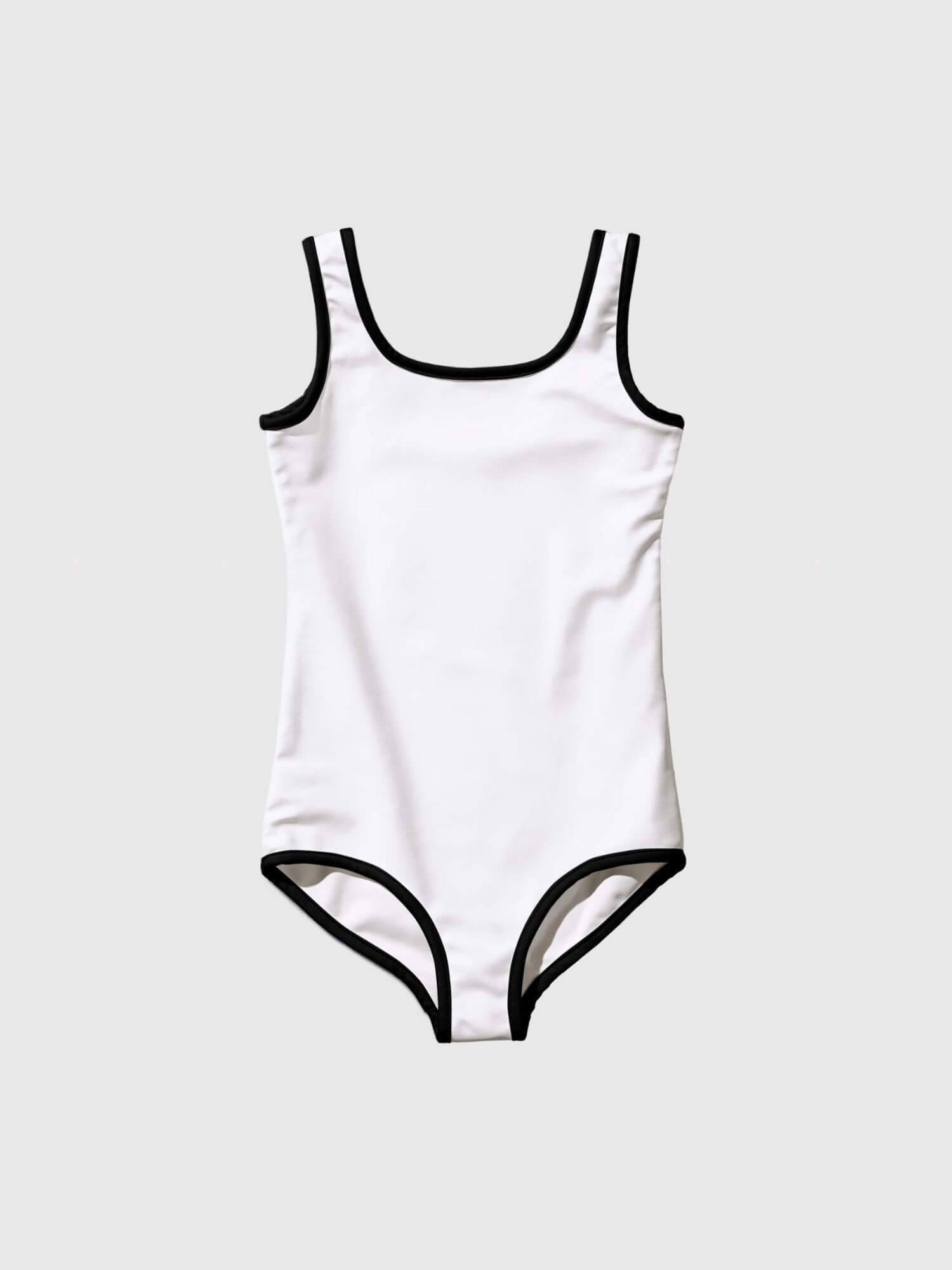 Toddler Swimsuit white    Girls solid color tank straps scoopneck swimsuits for girl in white with black trim design toddlers swimwear