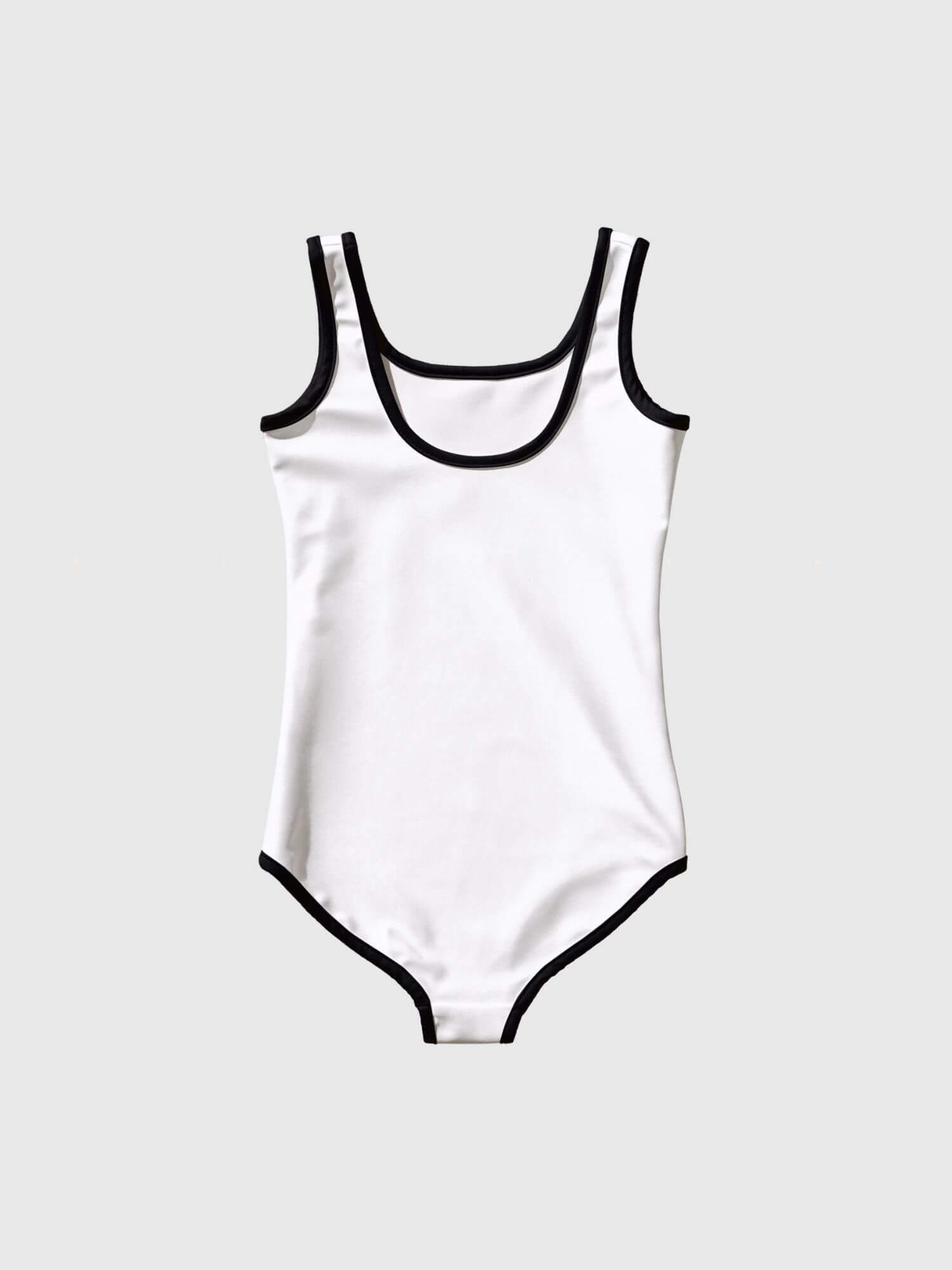 Toddler Swimsuit white    Girls solid color tank straps scoopneck swimsuits for girl in white with black trim design toddlers swimwear