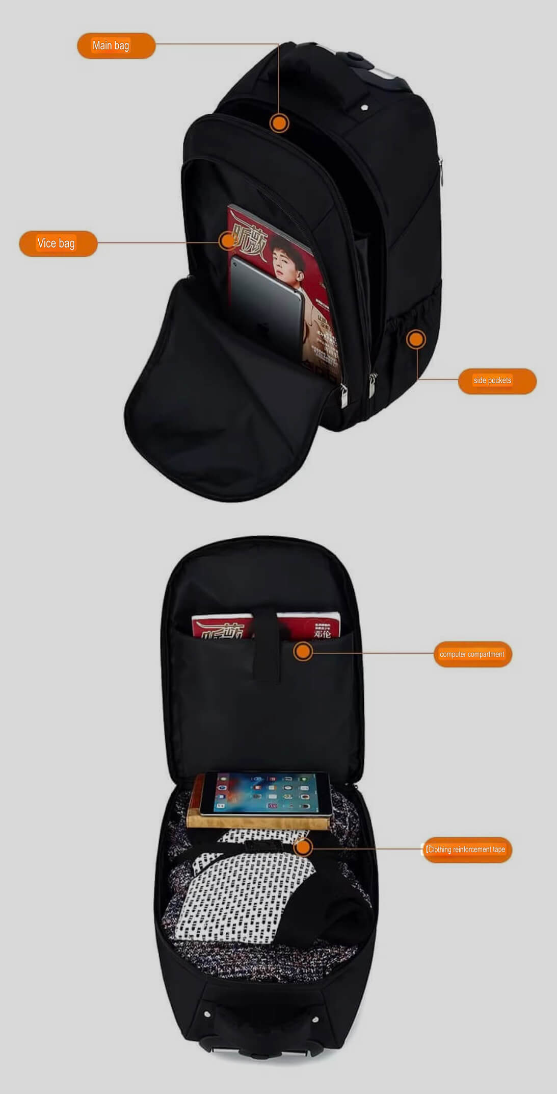 Trolley Backpack with Wheels 24 Inch Shoulder travel bag Students rolling luggage business trollies Large capacity suitcases bags in black