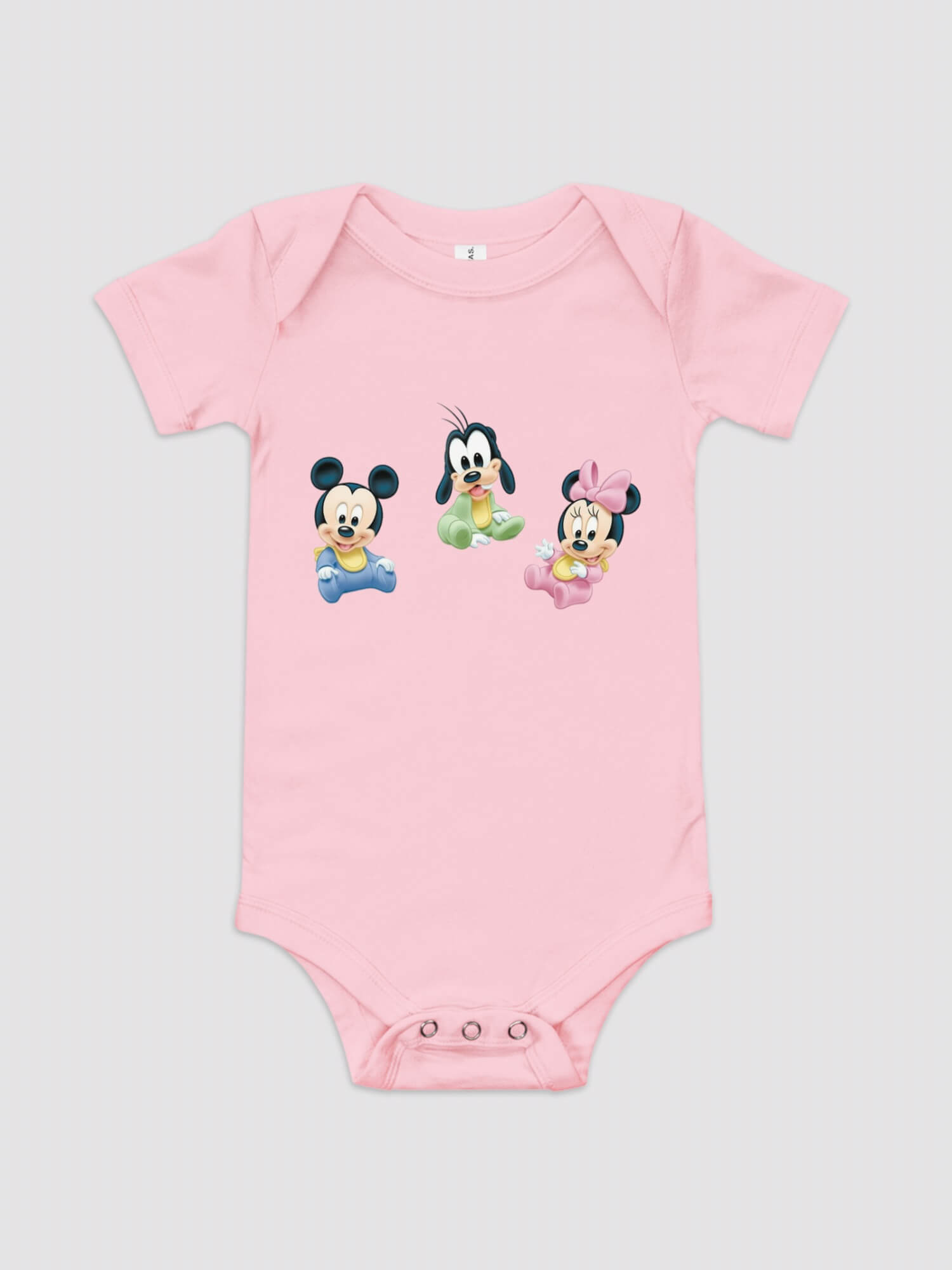 Baby Disney One Piece  Genderful boys short sleeves crewneck Bodysuit Babies round crew neck o-neck Bella + Canvas one-pieces Pluto Mickey and Minnie Mouse bodysuits in pink 