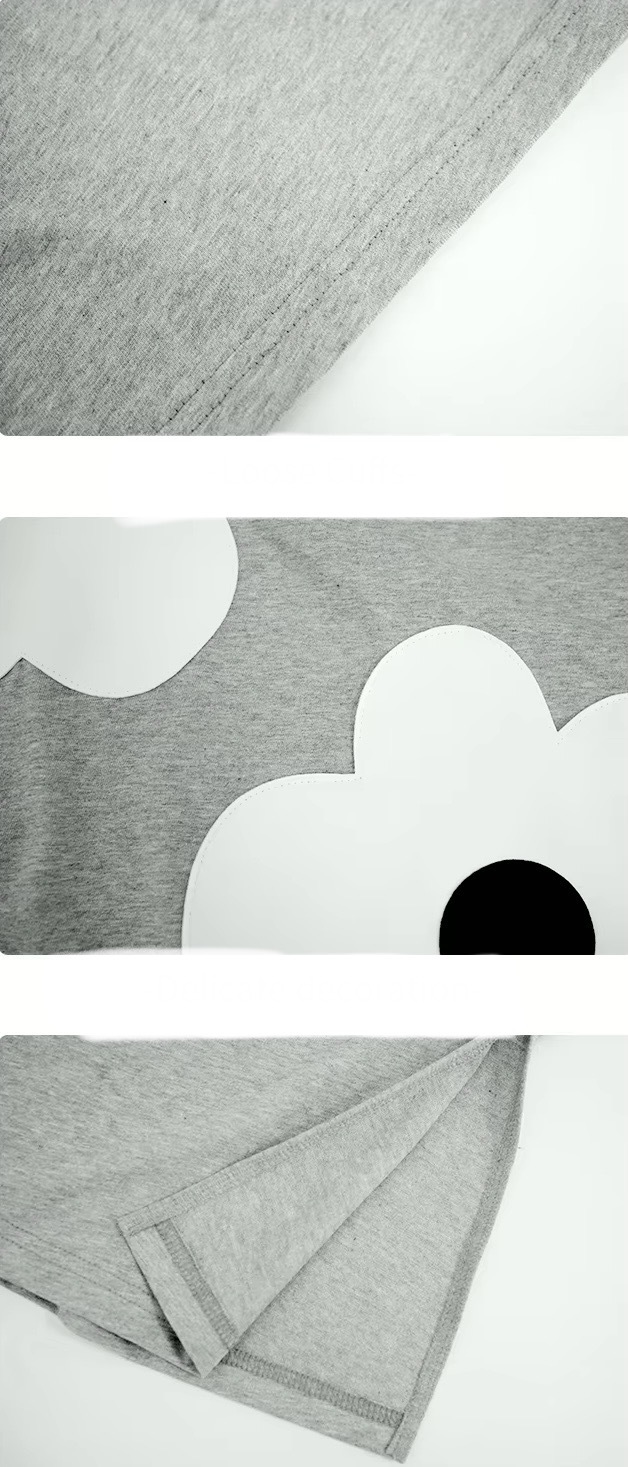 Japanese Cotton T-Shirt     Women’s original crewneck applique pure 100% cotton round O-neck pullover floral short-sleeves shirt casual loose large size T-Shirts for woman in gray summer flowers petals worlds female World’s Collide crew neck Tops in grey #223602