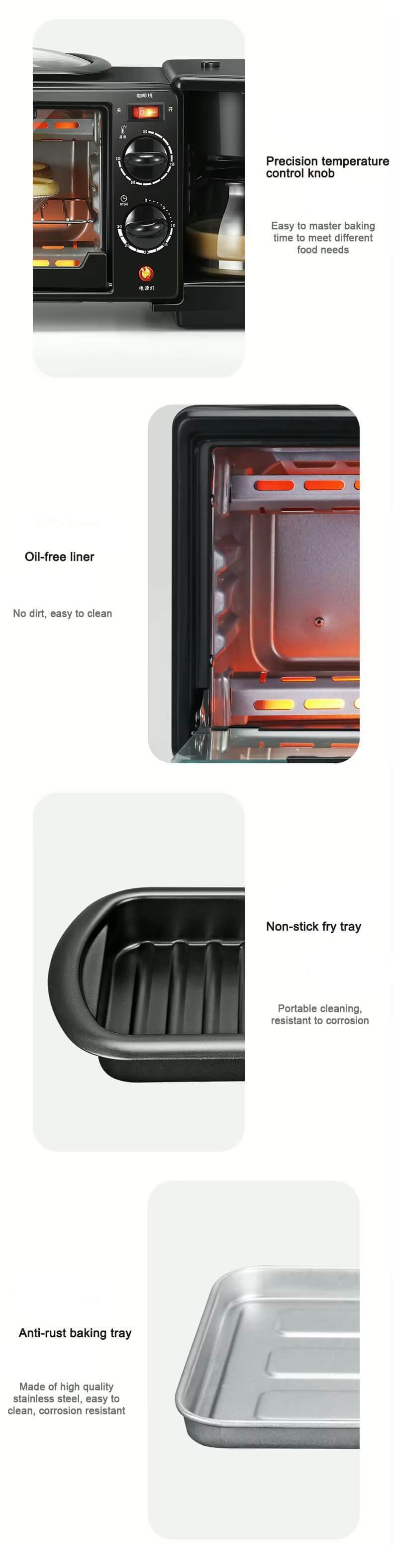 110V 220v  Electric Breakfast Maker 3-in-1 Multifunction Breakfast Machine Mini Drip Coffee Makers Bread Pizza Oven Frying Pan Toaster Cookers in black color with EU-, UK-, US-, plug