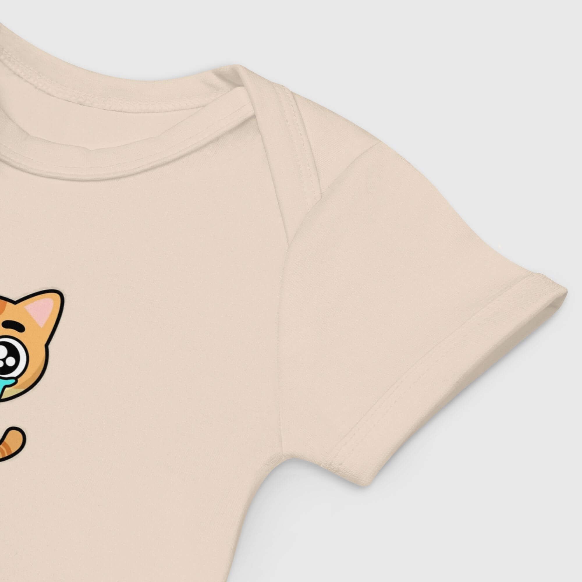 Baby Organic Cotton Bodysuit Khaki  Genderful vegan Unisex boys girls  100% Cotton Linen  cat cartoon animal short sleeves crewneck envelope neckline round o-neck three (3) button inseam snaps bottom closure one piece outfit in khaki with yellow kitten cats Babies crew neck bodysuits outfits