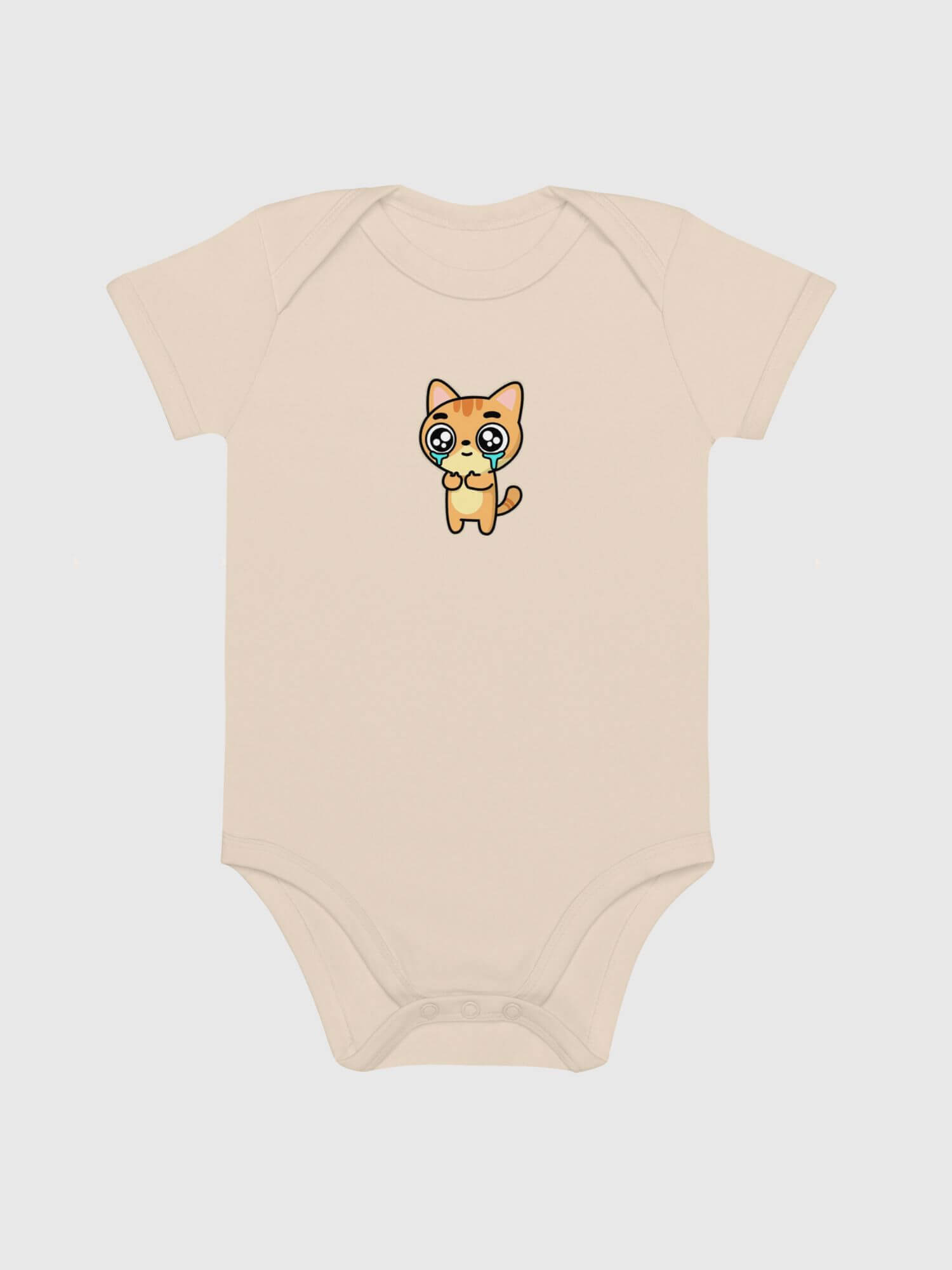 Baby Organic Cotton Bodysuit Khaki  Genderful vegan Unisex boys girls  100% Cotton Linen  cat cartoon animal short sleeves crewneck envelope neckline round o-neck three (3) button inseam snaps bottom closure one piece outfit in khaki with yellow kitten cats Babies crew neck bodysuits outfits