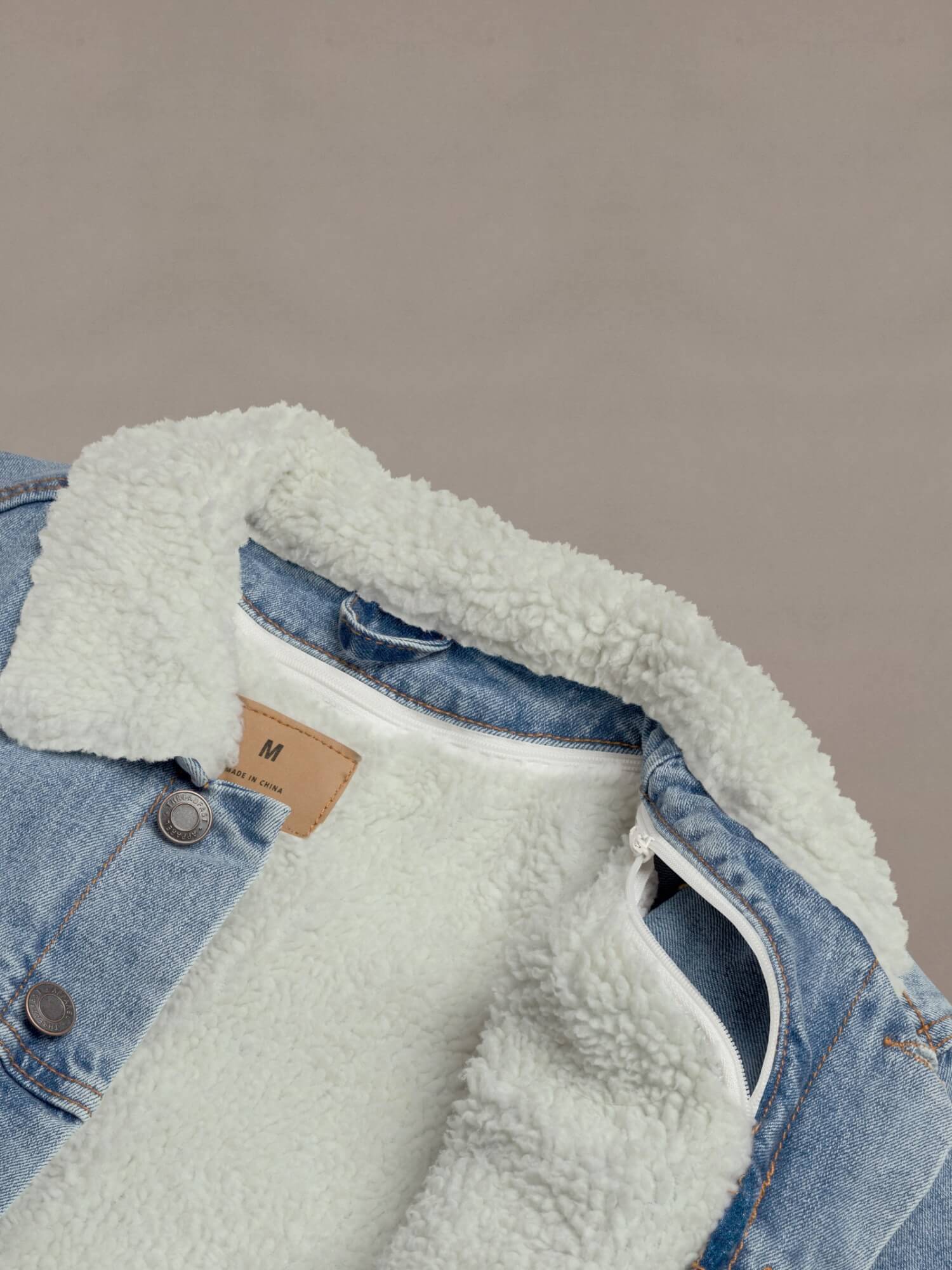 Denim Sherpa Jacket   Varsity details at front Genderful Men’s long sleeves pockets button-up close detachable fleece lining any wear Jackets for man in washed blue Mens petite-, tall-, plus-, size unisex outerwear 