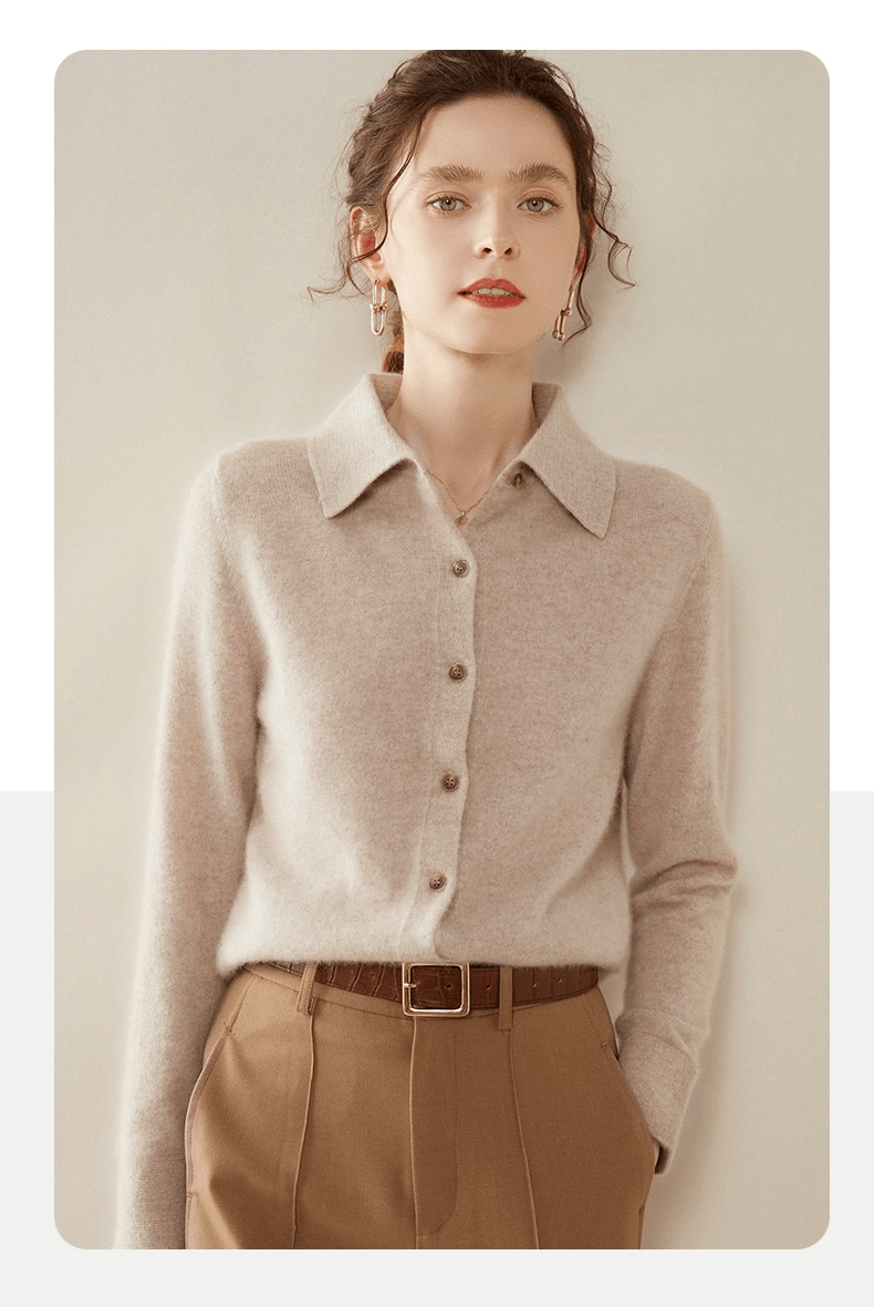 Cashmere Shirt  Women's Plus size POLO Neck Knitted Autumn And Winter womens Sweater Cardigan Long Sleeve Warm Casual Lapel Shirts for Woman in Light shallow camel color