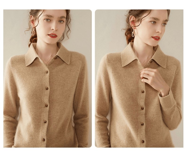 Cashmere Shirt  Women's Plus size POLO Neck Knitted Autumn And Winter womens Sweater Cardigan Long Sleeve Warm Casual Lapel Shirts for Woman in Camel brown color