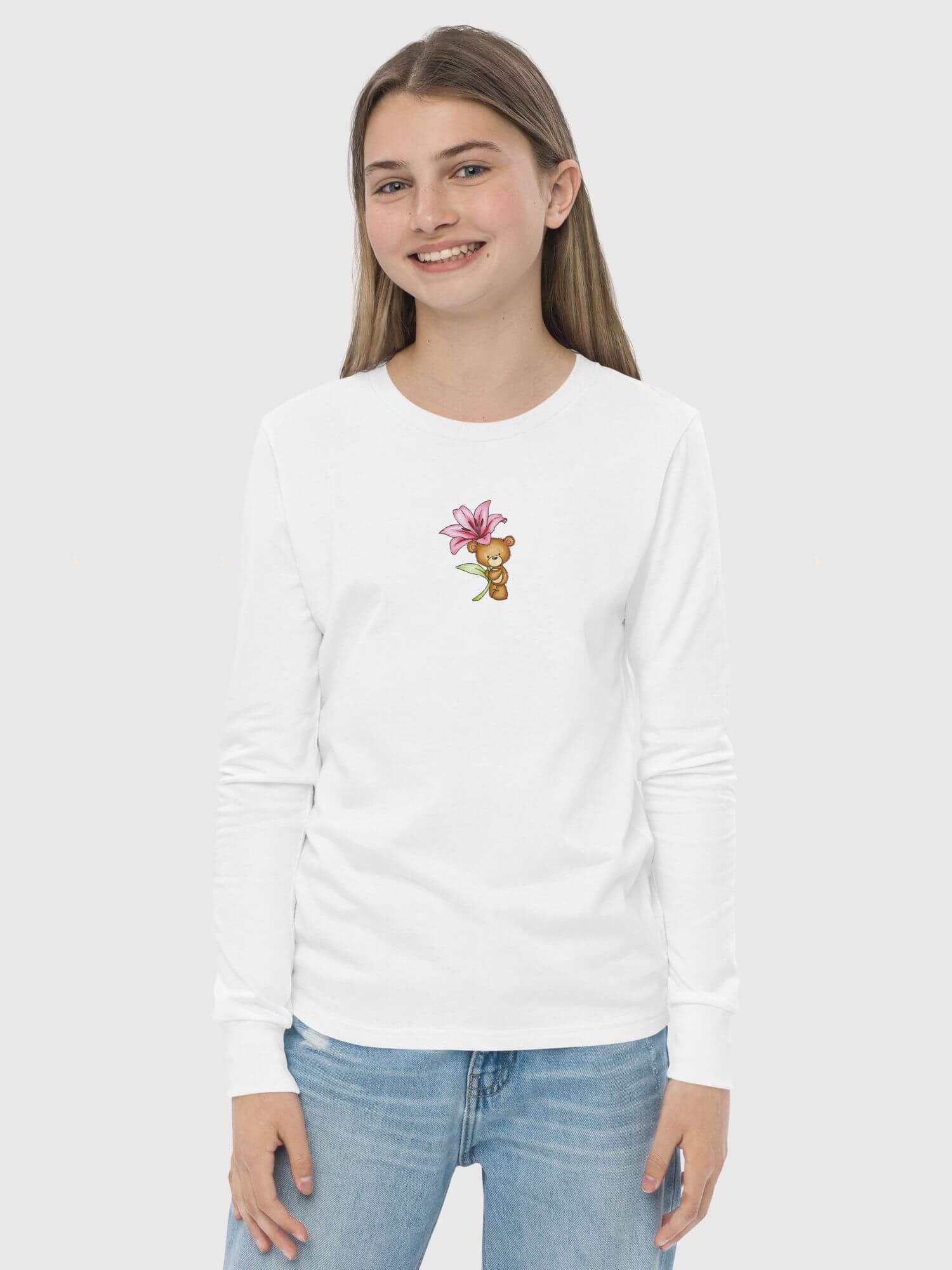 Kids miteigi x Bella + Canvas T-Shirt   Girls long sleeves crewneck T-Shirts in white with pink multicolor teddy bear holding a pink violet orchid flowers floral round o-neck Tops 