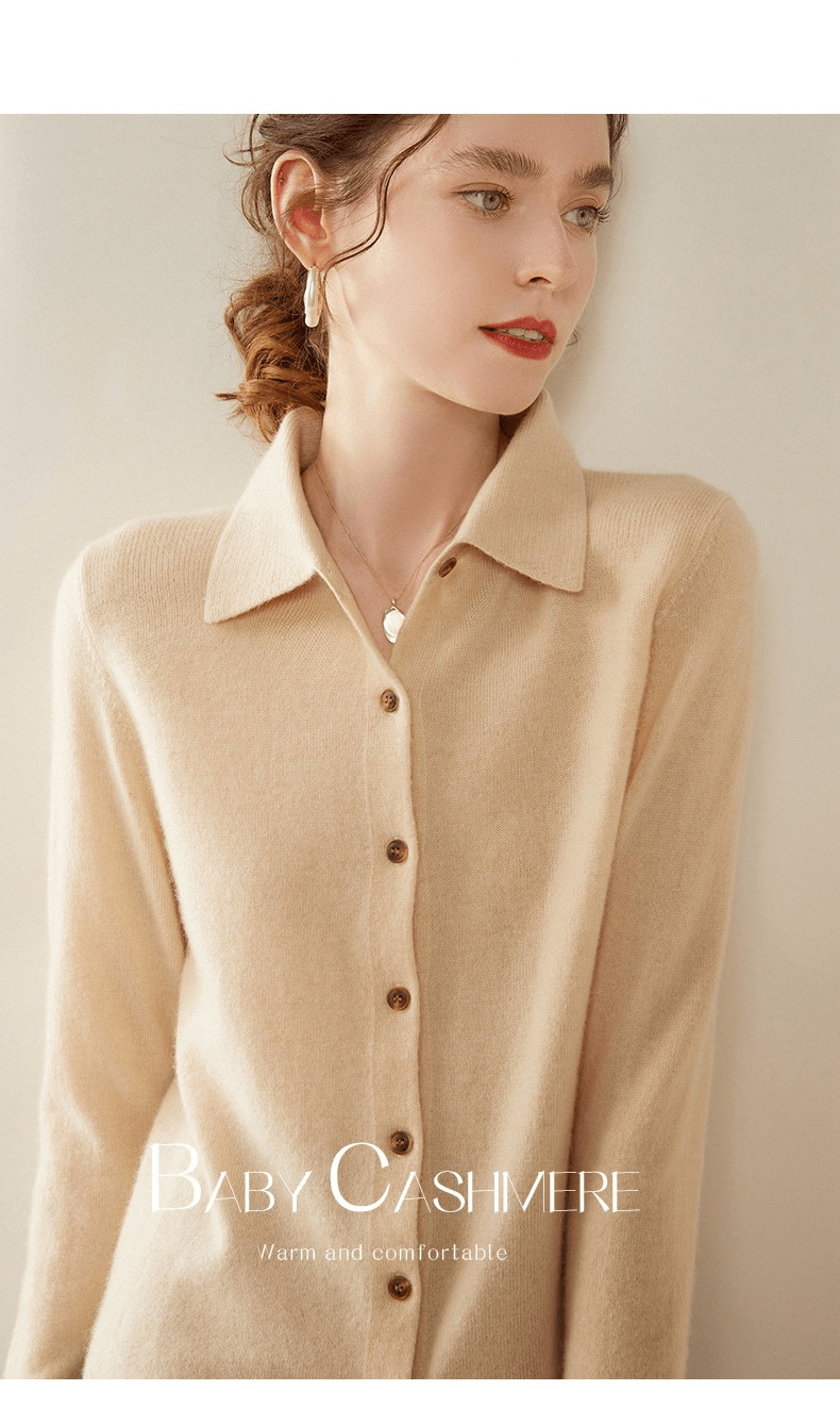 Cashmere Shirt  Women's Plus size POLO Neck Knitted Autumn And Winter womens Sweater Cardigan Long Sleeve Warm Casual Lapel Shirts for Woman in Camel brown color