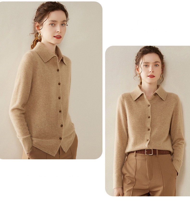Cashmere Shirt  Women's Plus size POLO Neck Knitted Autumn And Winter womens Sweater Cardigan Long Sleeve Warm Casual Lapel Shirts for Woman in Camel brown color