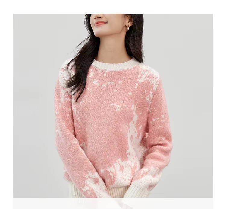 Jacquard Knit Sweater   Women’s loose fit casual long sleeves dropped shoulder with rib cuff round crew neck rib hem short Sweaters in pink with cream accent ribbed O-neck patterned Outerwear Fall Autumn Winter Spring womens Pullovers crewneck Tops Quiet Soft  #W44E57257