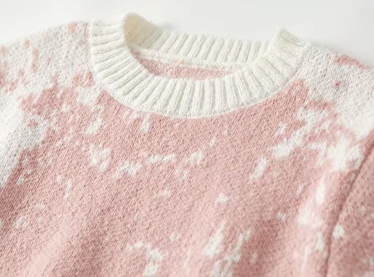 Jacquard Knit Sweater   Women’s loose fit casual long sleeves dropped shoulder with rib cuff round crew neck rib hem short Sweaters in pink with cream accent ribbed O-neck patterned Outerwear Fall Autumn Winter Spring womens Pullovers crewneck Tops Quiet Soft  #W44E57257