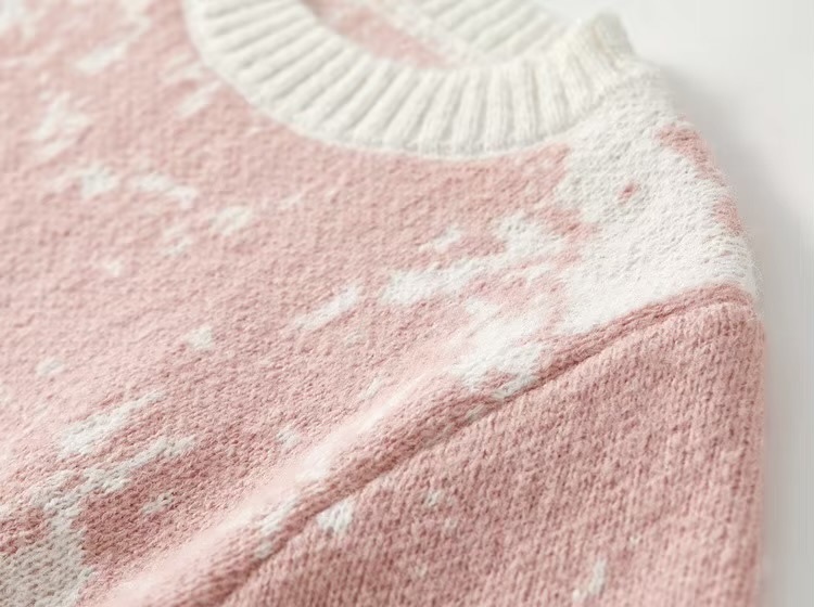Jacquard Knit Sweater   Women’s loose fit casual long sleeves dropped shoulder with rib cuff round crew neck rib hem short Sweaters in pink with cream accent ribbed O-neck patterned Outerwear Fall Autumn Winter Spring womens Pullovers crewneck Tops Quiet Soft  #W44E57257