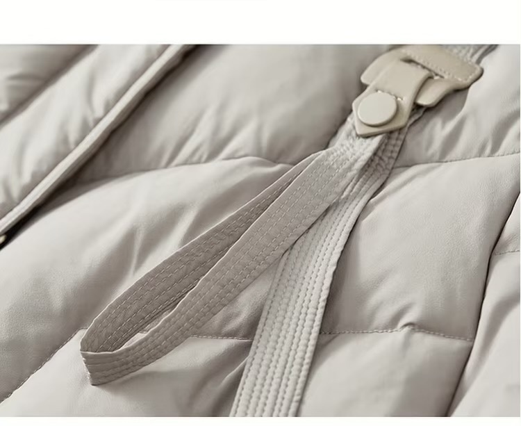 Hooded White Duck Down Coat   Women’s straight stand neck warm long sleeves button-up zipper close with windbreaker straps cropped Overcoat for woman in light milk coffee brown slant side pockets Padded puffer coats Womens Winter outerwear plus size Clothes #W44Y56648