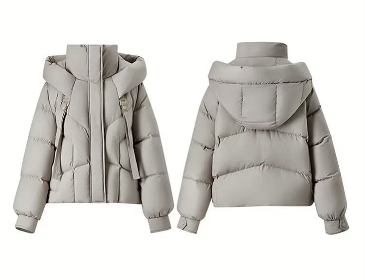 Hooded White Duck Down Coat   Women’s straight stand neck warm long sleeves button-up zipper close with windbreaker straps cropped Overcoat for woman in light milk coffee brown slant side pockets Padded puffer coats Womens Winter outerwear plus size Clothes #W44Y56648