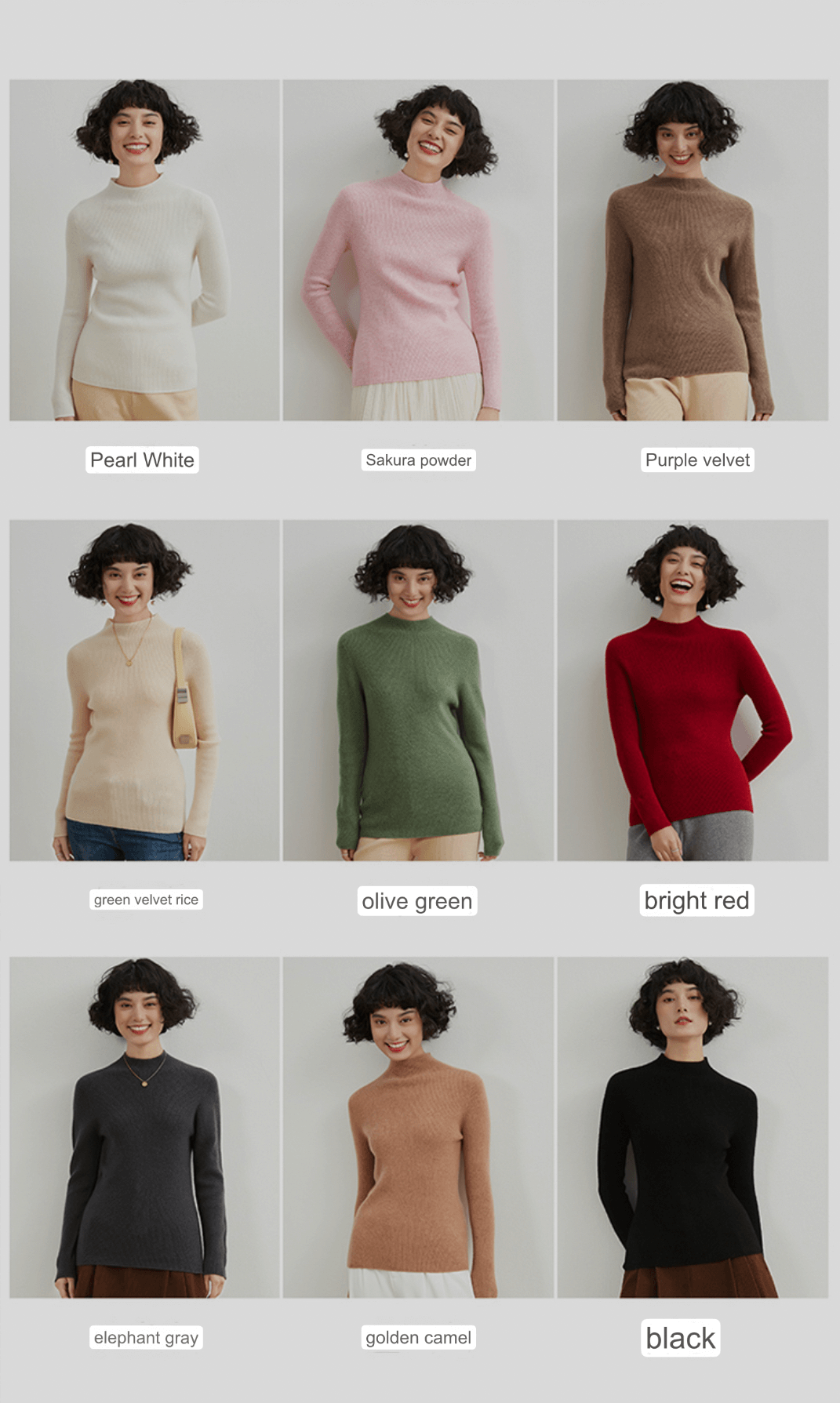 Mockneck Cashmere Rib Sweater Women’s Autumn and Winter 100%-Cashmere Semi-High Neck Seamless plus size womens Female Slim Pullover Long Sleeve Warm Wool-Knit Ribbed Turtleneck Sweaters Workwear Tops for Woman