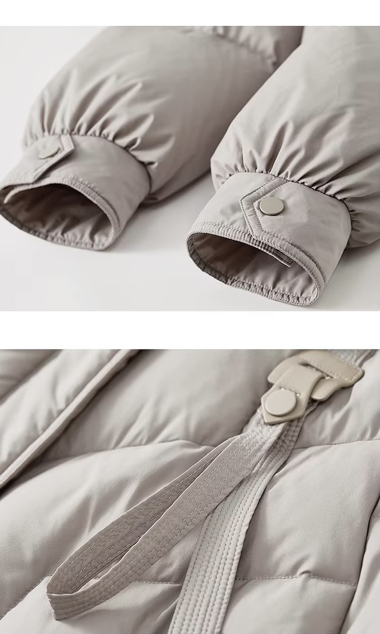 Hooded White Duck Down Coat   Women’s straight stand neck warm long sleeves button-up zipper close with windbreaker straps cropped Overcoat for woman in light milk coffee brown slant side pockets Padded puffer coats Womens Winter outerwear plus size Clothes #W44Y56648