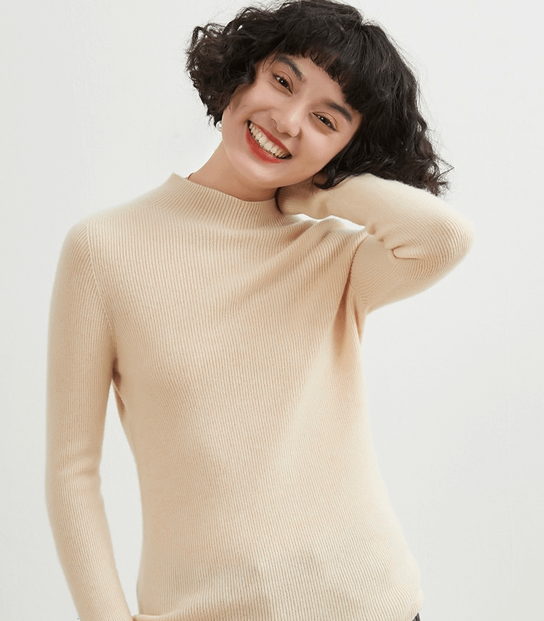 Mockneck Cashmere Rib Sweater Women’s Autumn and Winter 100%-Cashmere Semi-High Neck Seamless plus size womens Female Slim Pullover Long Sleeve Warm Cashmere-Knit Ribbed Turtleneck Sweaters Workwear Tops for Woman in ivory rice cream beige