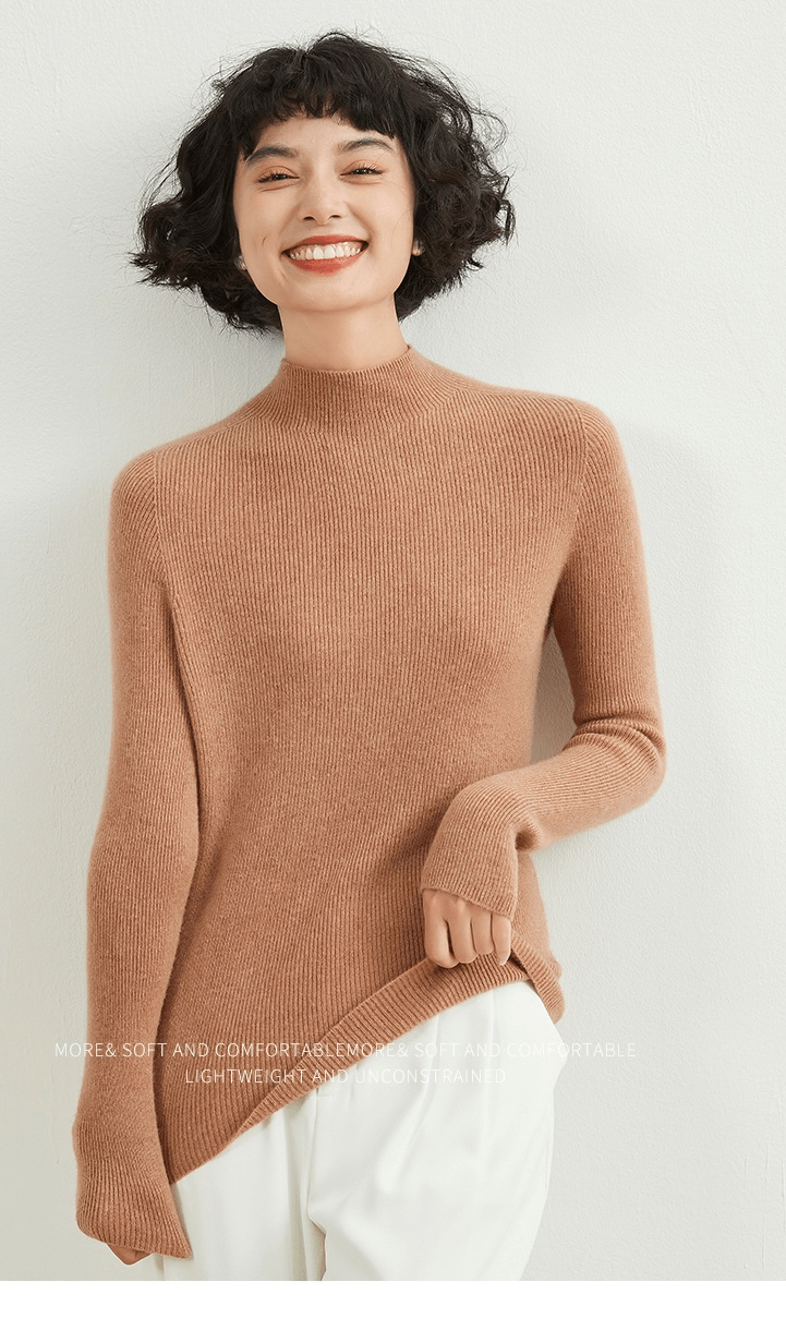 Mockneck Cashmere Rib Sweater Women’s Autumn and Winter 100%-Cashmere Semi-High Neck Seamless plus size womens Female Slim Pullover Long Sleeve Warm Cashmere-Knit Ribbed Turtleneck Sweaters Workwear Tops for Woman in camel brown