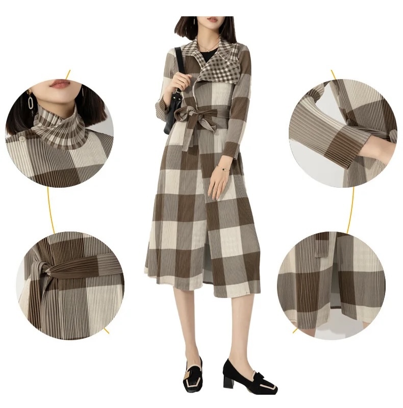 Miyake Pleated Turndown Collar Dresscoat khaki Women’s Windbreaker Chest Buckle Belt Plaid Printed long sleeves Coats dresses for woman in beige brown Womens Fashion Japanese Designer Issey fashion