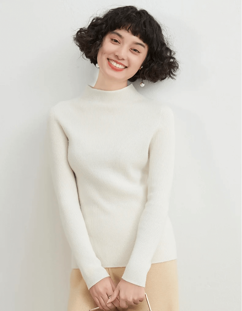 Mockneck Cashmere Rib Sweater Women’s Autumn and Winter 100%-Cashmere Semi-High Neck Seamless plus size womens Female Slim Pullover Long Sleeve Warm Cashmere-Knit Ribbed Turtleneck Sweaters Workwear Tops for Woman in pearl white