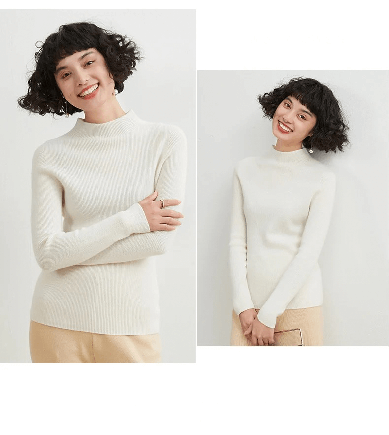 Mockneck Cashmere Rib Sweater Women’s Autumn and Winter 100%-Cashmere Semi-High Neck Seamless plus size womens Female Slim Pullover Long Sleeve Warm Cashmere-Knit Ribbed Turtleneck Sweaters Workwear Tops for Woman in pearl white