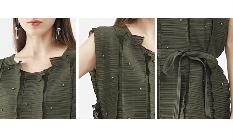 Miyake Pleated Beaded Dress  women’s Plus size Belt Sleeveless pleated ribbed boatneck round o-neck Dresses for woman in Army green Womens High Fashion Summer Designer Issey Inspired Japanese Aesthetic Clothes