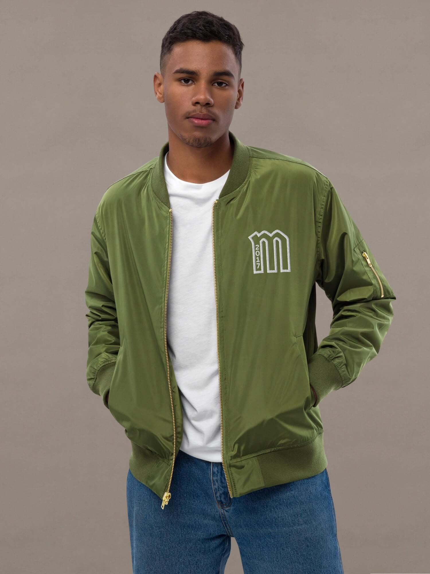 Logo Bomber Jacket  Genderful Men’s long sleeves, zipper close pockets ribbed collar, cuffs and hem Jackets for Man in Green Mens petite-, tall-, plus-, size sports anywear unisex outerwear