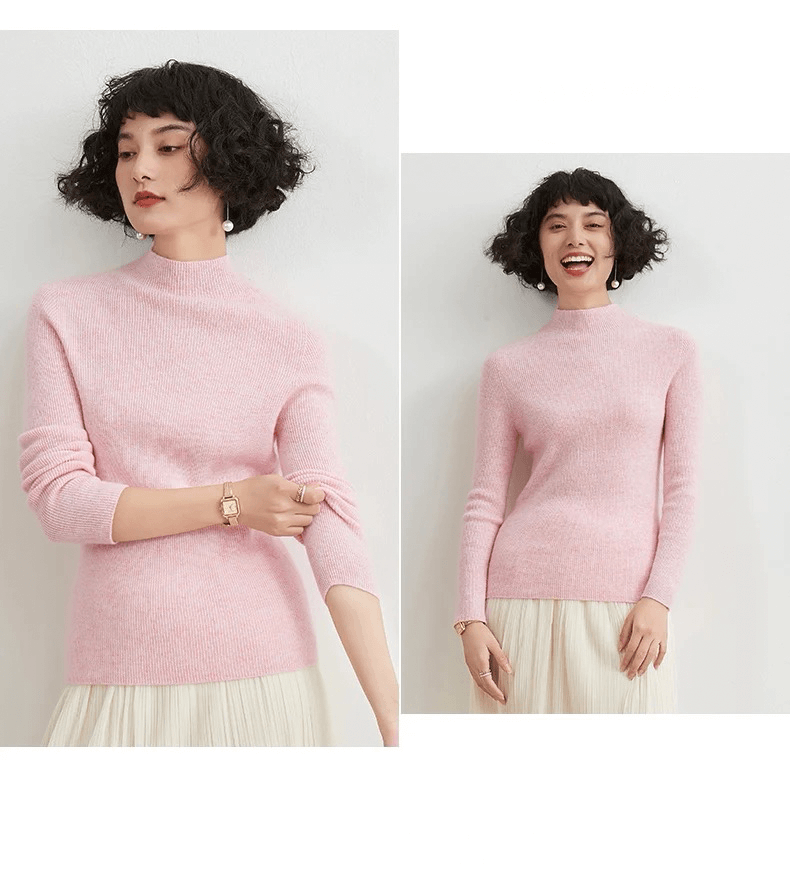 Mockneck Cashmere Rib Sweater Women’s Autumn and Winter 100%-Cashmere Semi-High Neck Seamless plus size womens Female Slim Pullover Long Sleeve Warm Cashmere-Knit Ribbed Turtleneck Sweaters Workwear Tops for Woman in pink