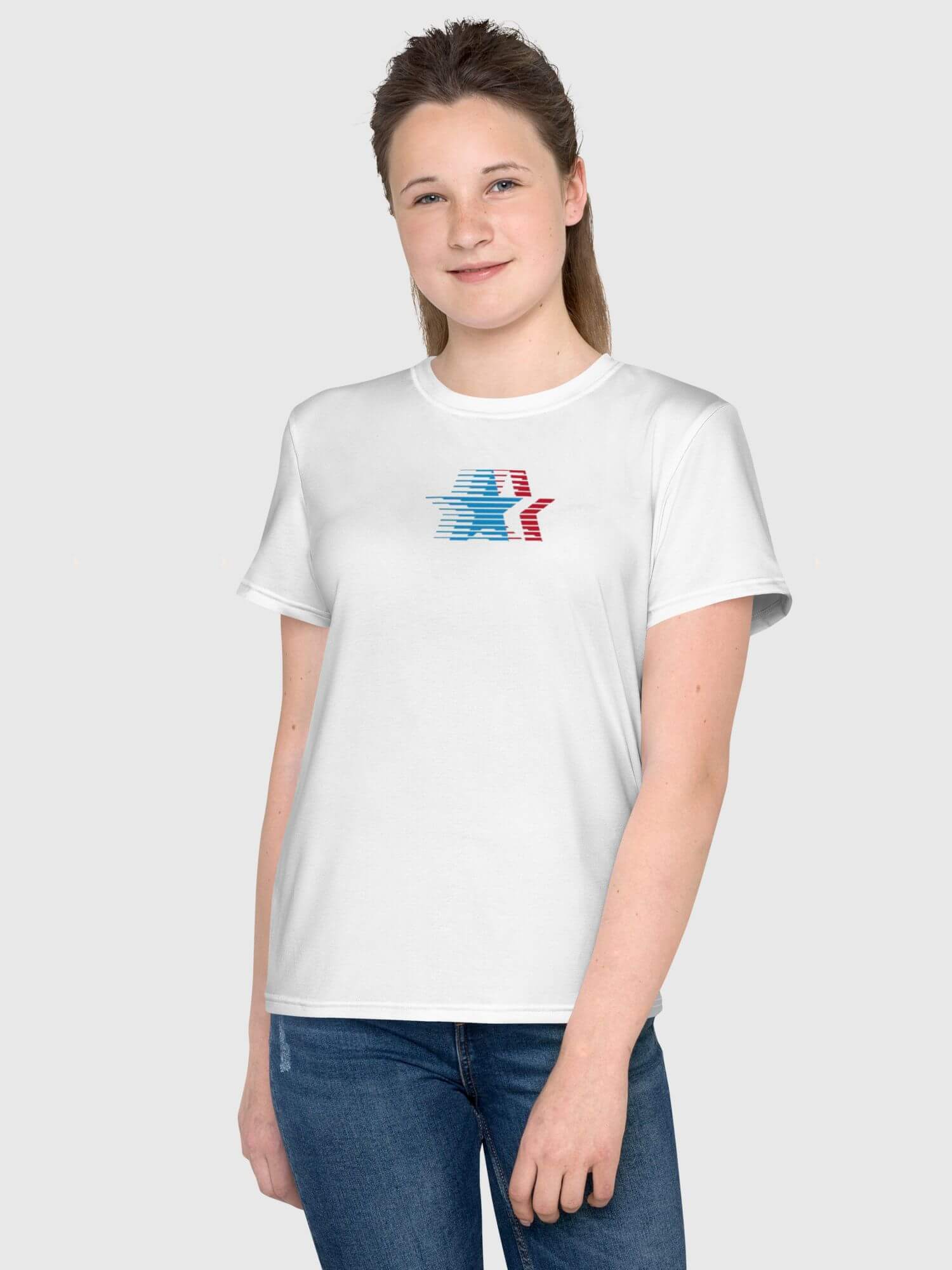 Girls USA T-Shirt   Kids American stars colors symbols crewneck short sleeves T-shirts in white with red blue striped stars round o-neck United States of America design 1984 Olympic Children’s Tops Childrens Tees