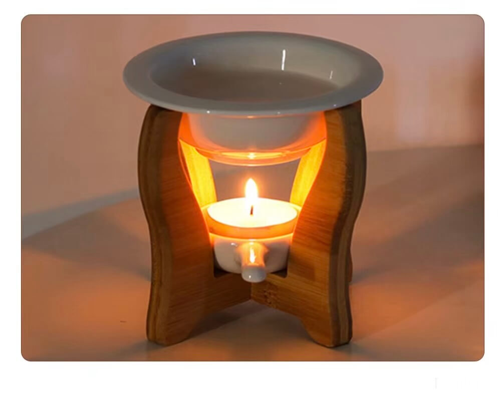bedroom, living room, office, yoga room, tearoom Wooden Bamboo stand with wax melt warmer holder for aromatherapy oils on a sandalwood incense burner with a ceramic tea-candle tray holder Set in white with natural light wood color gifting idea