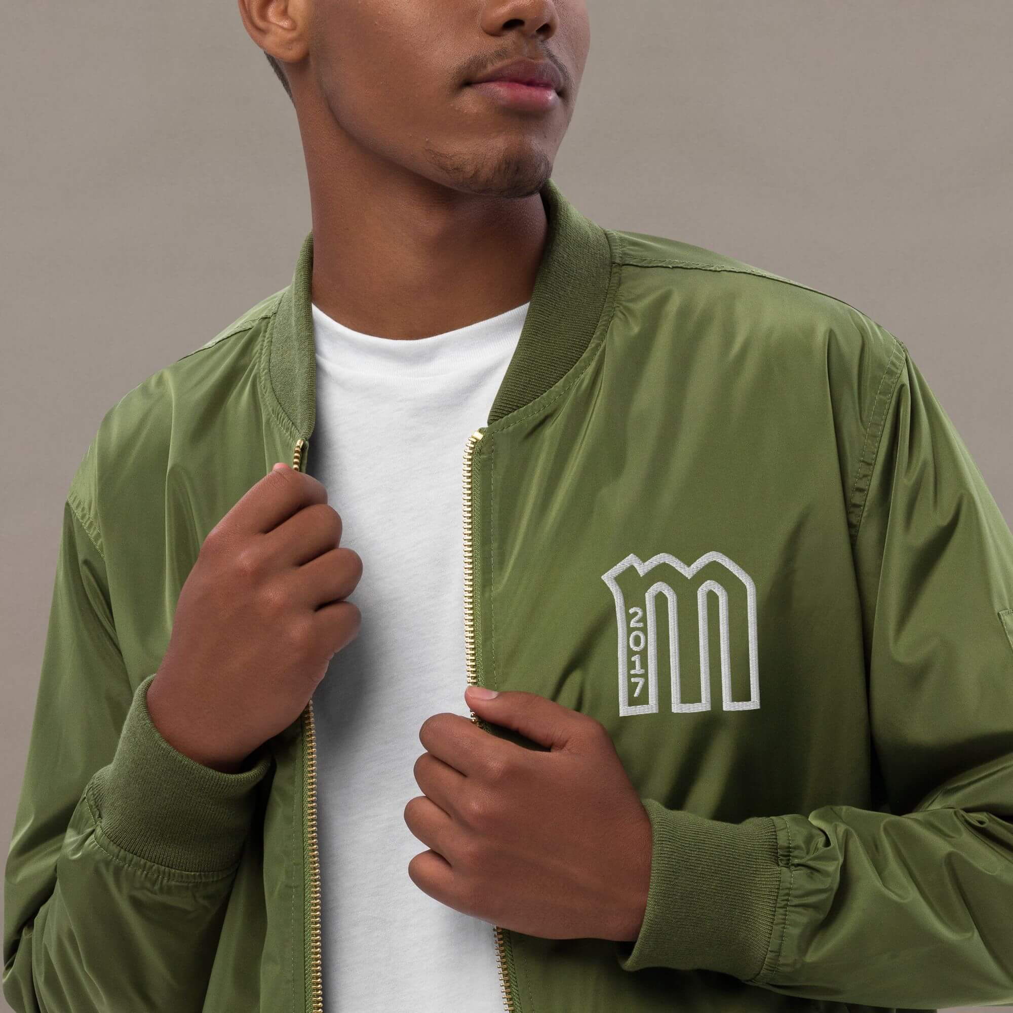 miteigi Logo Bomber Jacket green  Genderful Women’s long sleeves, zipper close pockets ribbed collar, cuffs and hem Jackets for Woman in Green Womens petite-, tall-, plus-, size sports anywear unisex outerwear