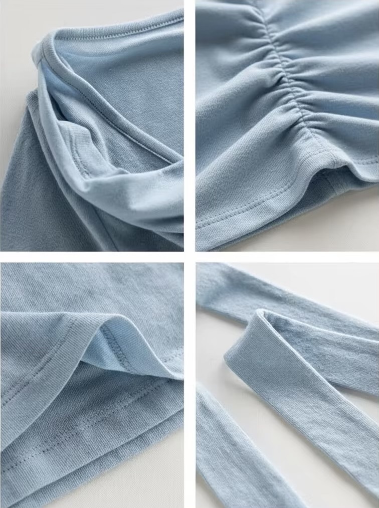 Women’s woman womens petite-, tall-, plus-, size Wool Cotton Blend, Dropped Collar, Elegant Ribbon long sleeves scoop neck T Shirt, Tee, 2026 Spring Summer holiday vacation getaway Solid Chic Tops, T-Shirts in light blue