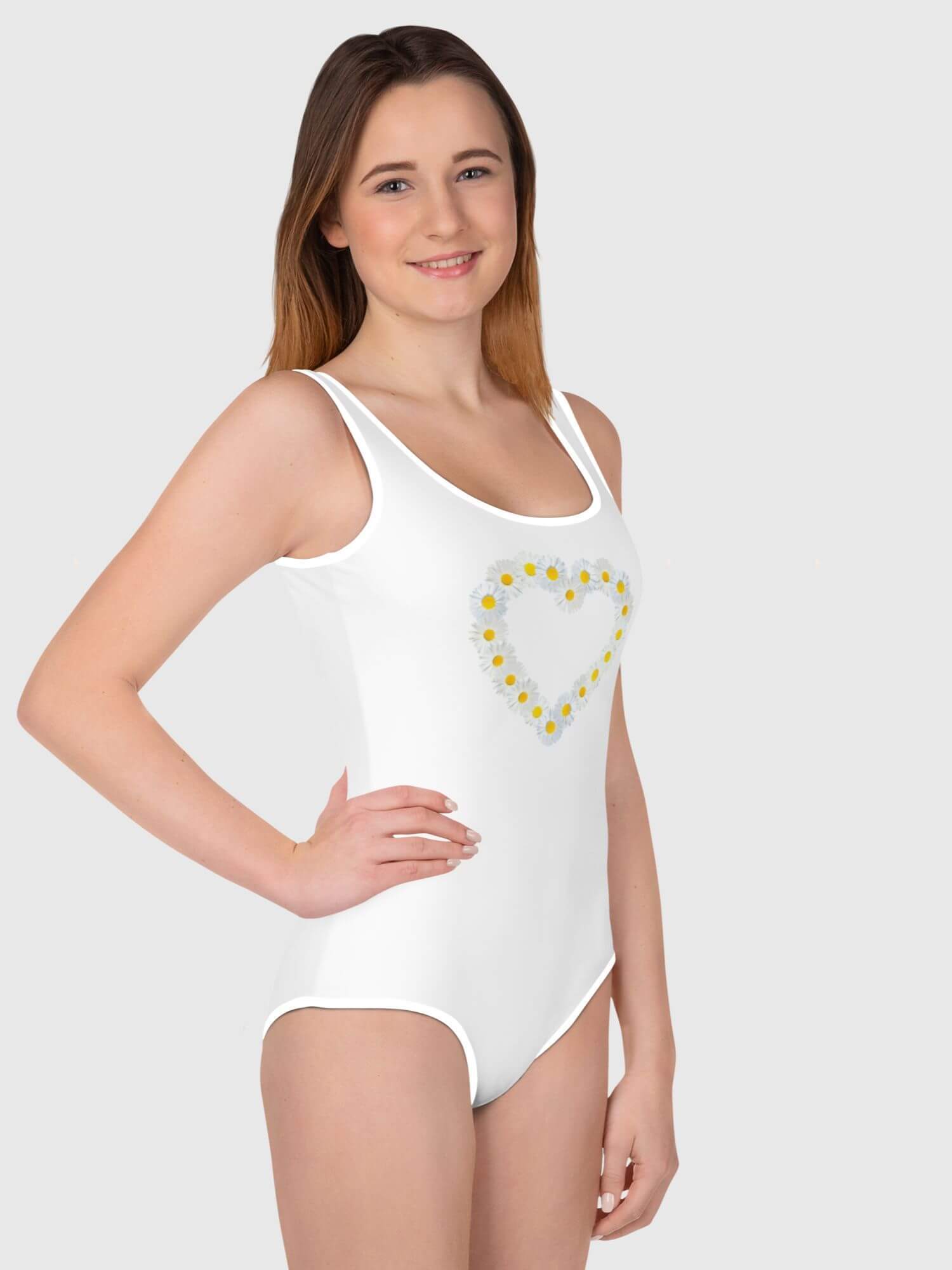 Girls Daisy Swimsuit     Kids floral daisies tank straps scoopneck swimsuits for girl in white with white trim design children’s flowers swimwear