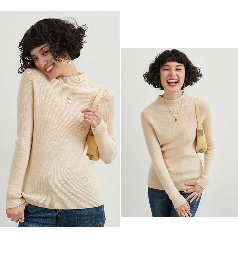 Mockneck Cashmere Rib Sweater Women’s Autumn and Winter 100%-Cashmere Semi-High Neck Seamless plus size womens Female Slim Pullover Long Sleeve Warm Cashmere-Knit Ribbed Turtleneck Sweaters Workwear Tops for Woman in Ivory rice cream beige