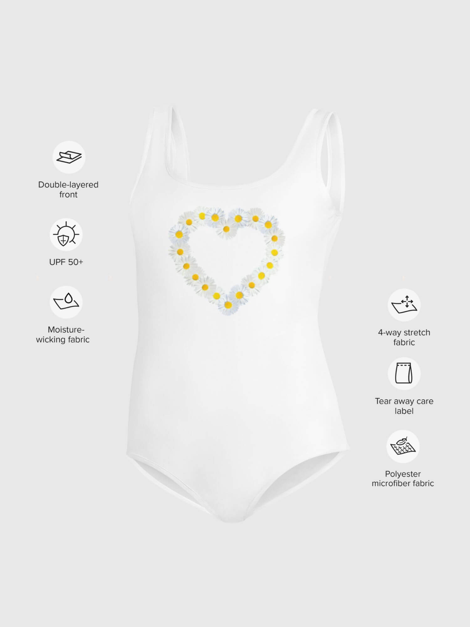 Girls Daisy Swimsuit     Kids floral daisies tank straps scoopneck swimsuits for girl in white with white trim design children’s flowers swimwear