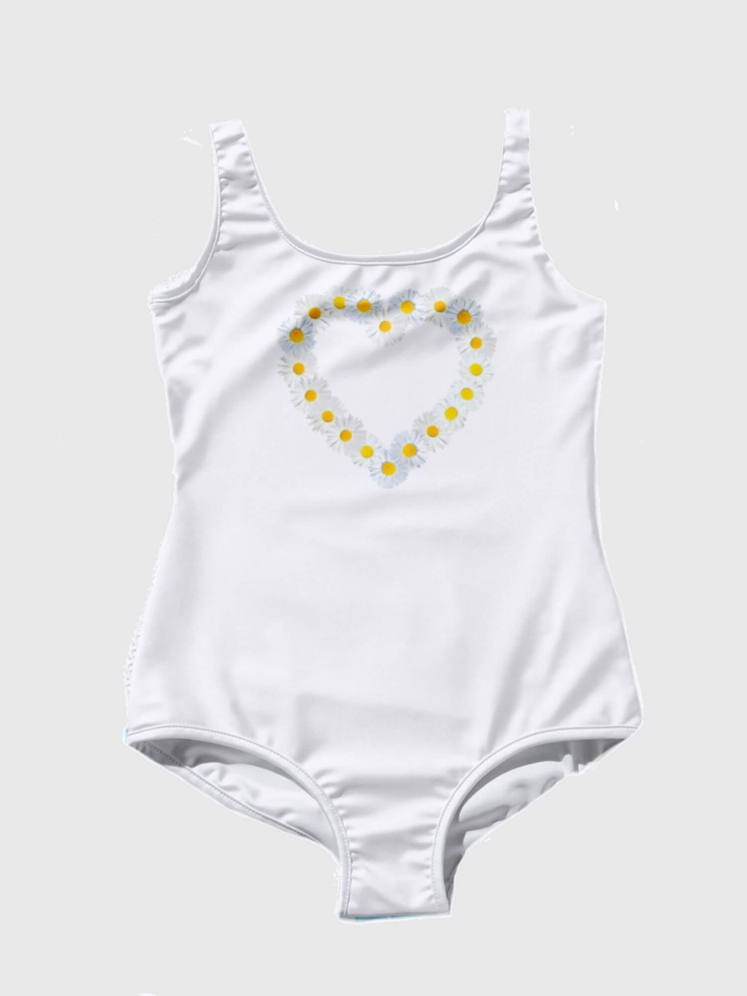 Girls Daisy Swimsuit     Kids floral daisies tank straps scoopneck swimsuits for girl in white with white trim design children’s flowers swimwear