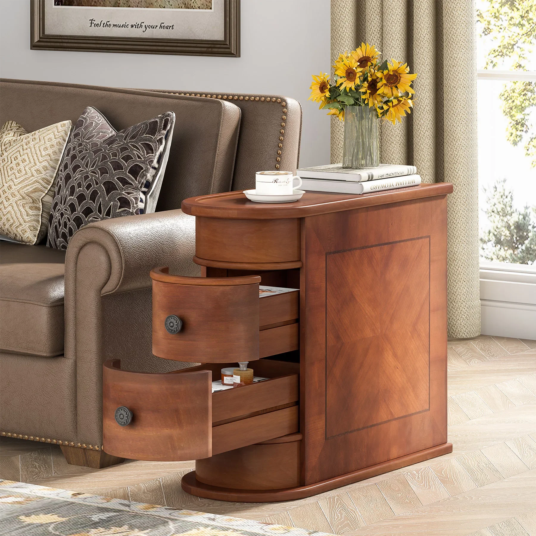 Round Solid Wooden Sofa Bedside Narrow Bedroom Side Table cabinet Nightstand with Drawer End Table Office Home decor cabinets furniture in natural brown color