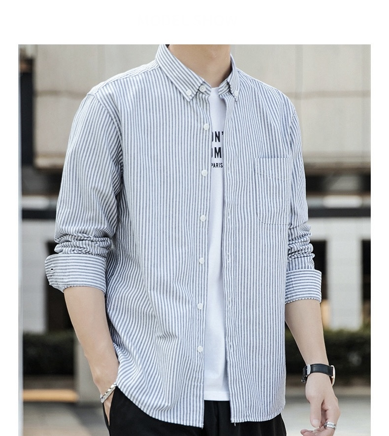 Cotton Striped Shirt  Men’s Spring Plus Size Long Sleeve Button Up Top Shirts Slim Casual Office Business Wear Oversize for Man in Gray grey