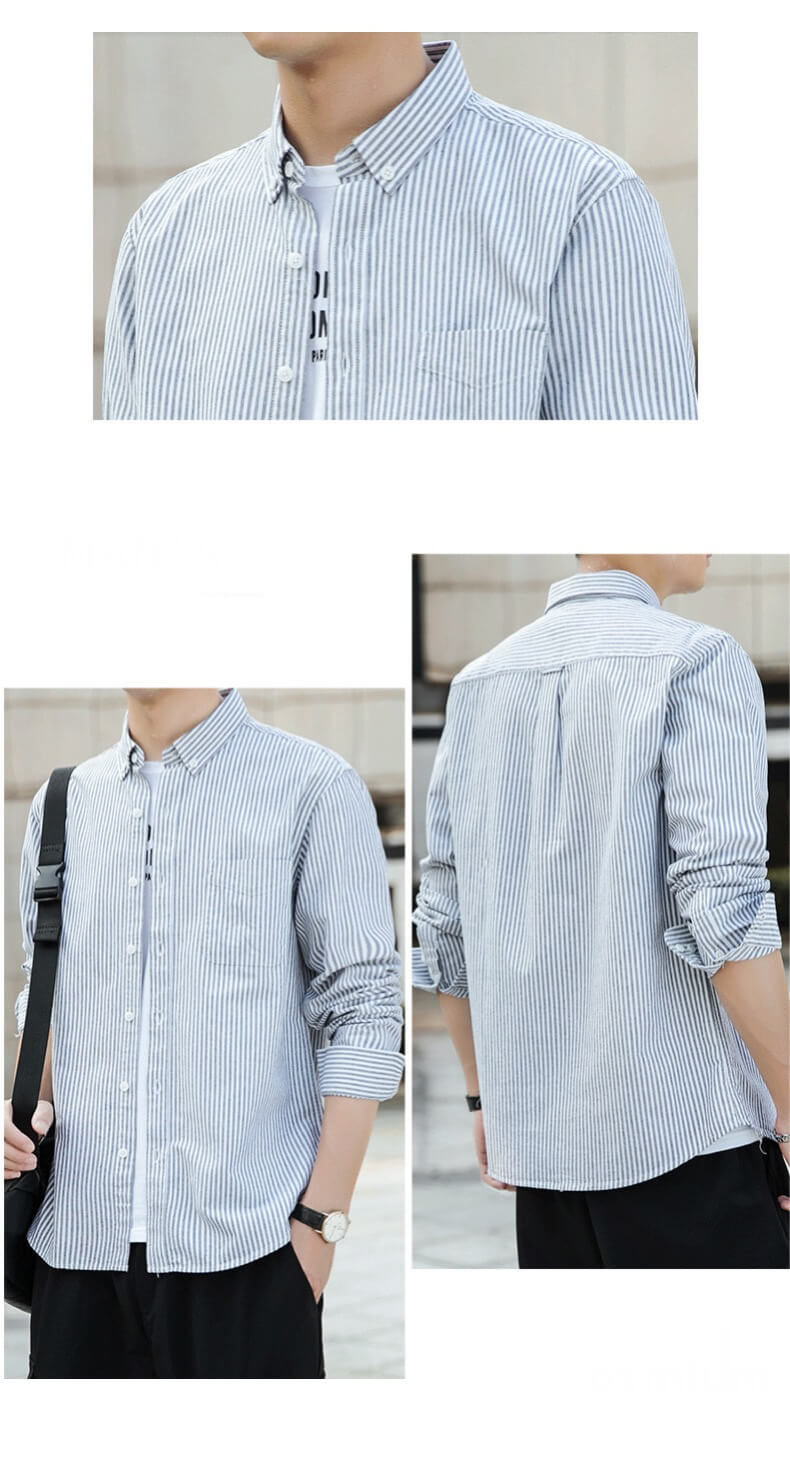 Cotton Striped Shirt  Men’s Spring Plus Size Long Sleeve Button Up Top Shirts Slim Casual Office Business Wear Oversize for Man in Gray grey