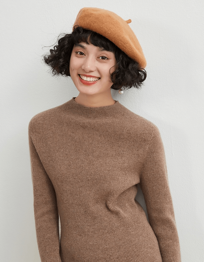 Mockneck Cashmere Rib Sweater Women’s Autumn and Winter 100%-Cashmere Semi-High Neck Seamless plus size womens Female Slim Pullover Long Sleeve Warm Cashmere-Knit Ribbed Turtleneck Sweaters Workwear Tops for Woman in coffee brown