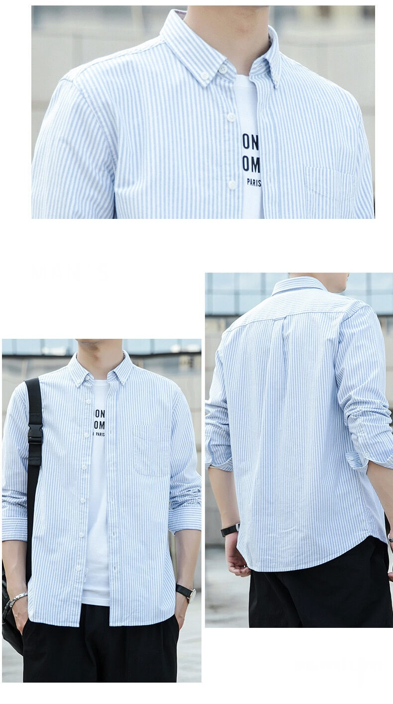 Cotton Striped Shirt  Men’s Spring Plus Size Long Sleeve Button Up Top Shirts Slim Casual Office Business Wear Oversize for Man in Light Sky Blue