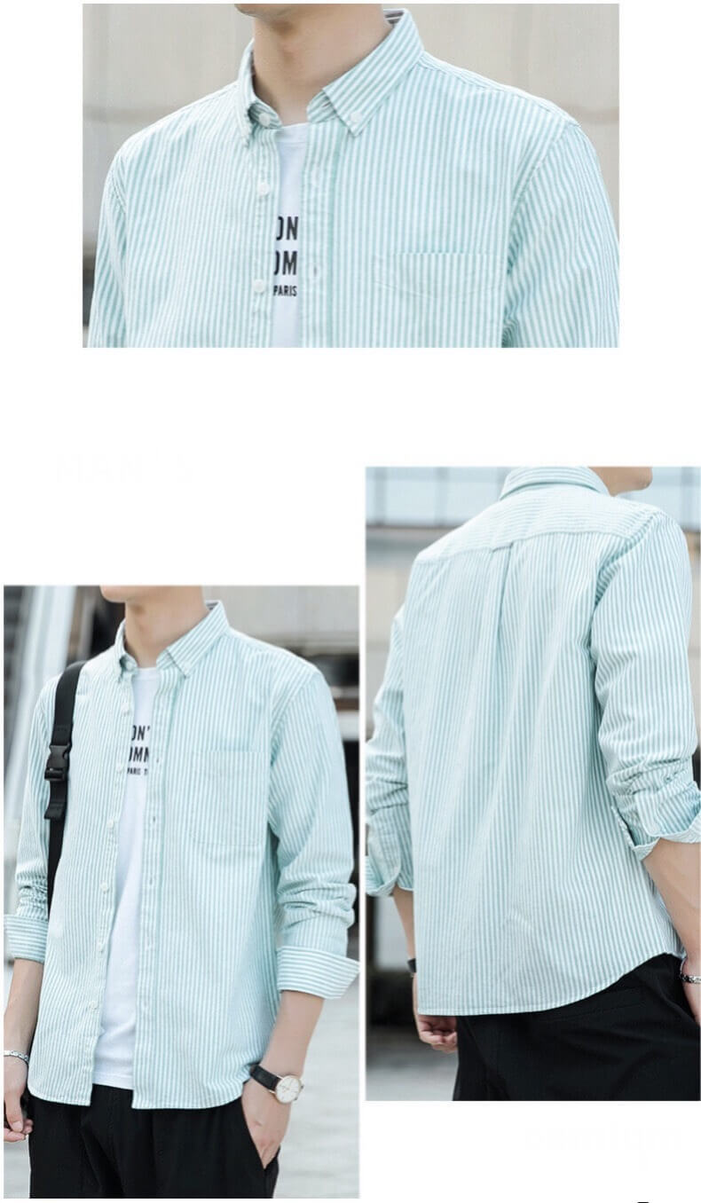 Cotton Striped Shirt  Men’s Spring Plus Size Long Sleeve Button Up Top Shirts Slim Casual Office Business Wear Oversize for Man in Green