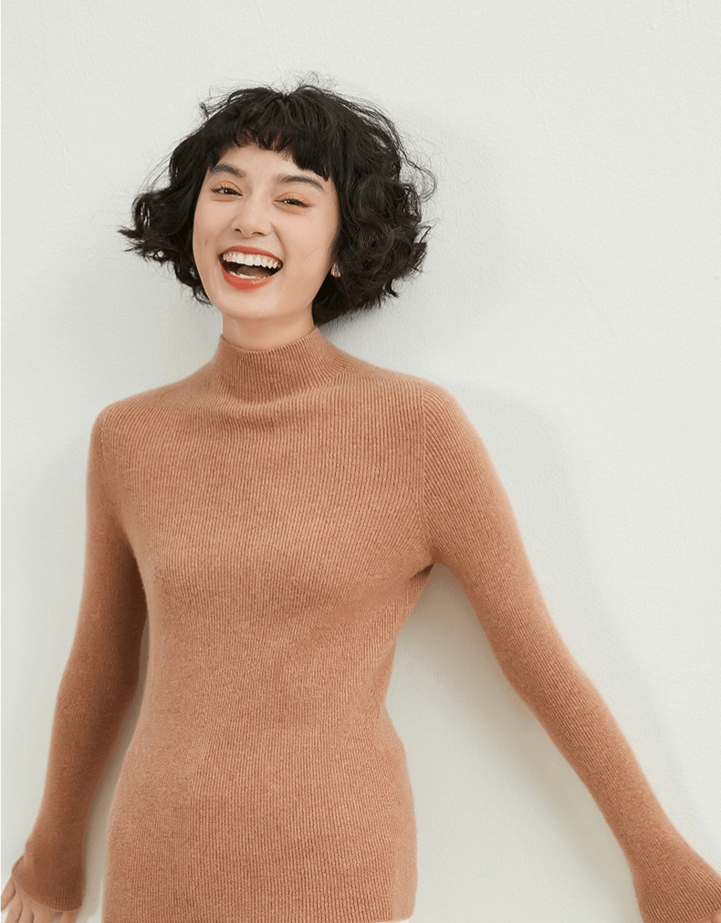 Mockneck Cashmere Rib Sweater Women’s Autumn and Winter 100%-Cashmere Semi-High Neck Seamless plus size womens Female Slim Pullover Long Sleeve Warm Cashmere-Knit Ribbed Turtleneck Sweaters Workwear Tops for Woman in camel brown