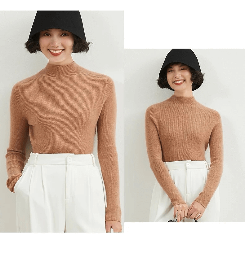 Mockneck Cashmere Rib Sweater Women’s Autumn and Winter 100%-Cashmere Semi-High Neck Seamless plus size womens Female Slim Pullover Long Sleeve Warm Cashmere-Knit Ribbed Turtleneck Sweaters Workwear Tops for Woman in camel brown